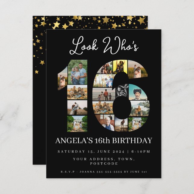 Convite elegante visualização preto quem é 16 Foto Colagem (Frente/Verso)
