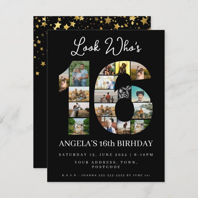 Convite elegante visualização preto quem é 16 Foto Colagem (Frente/Verso)