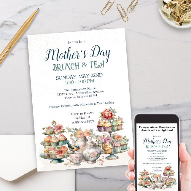 Convite Elegante vitoriano do Tea Party Brunch (Elegant tea party invitation with vintage floral greenery and victorian aesthetics)