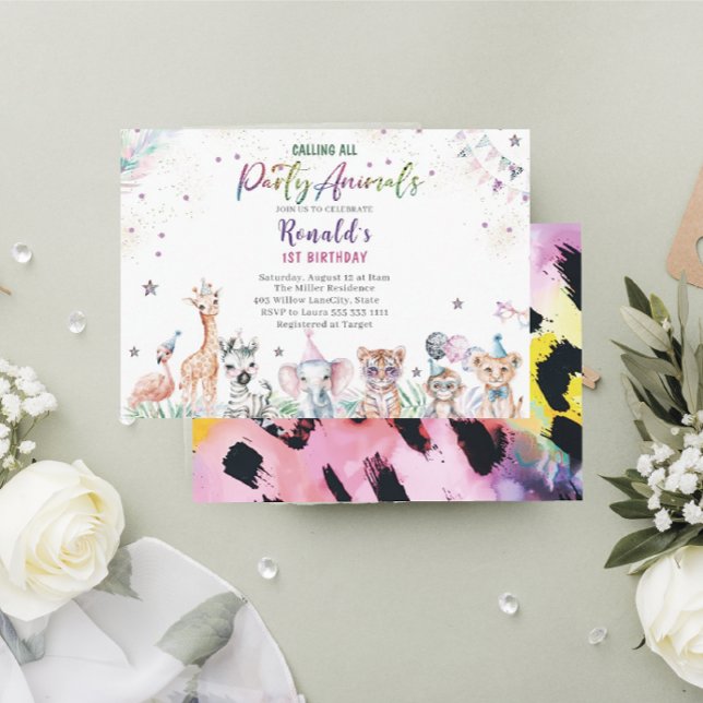 Convite Elegante Watercolor, animais selvagens de safari p (Criador carregado)