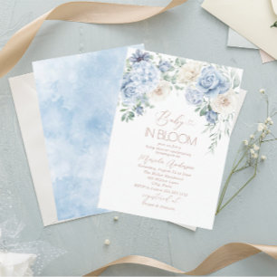 Convite Elegante Watercolor Baby in Blooom Blue Flores B