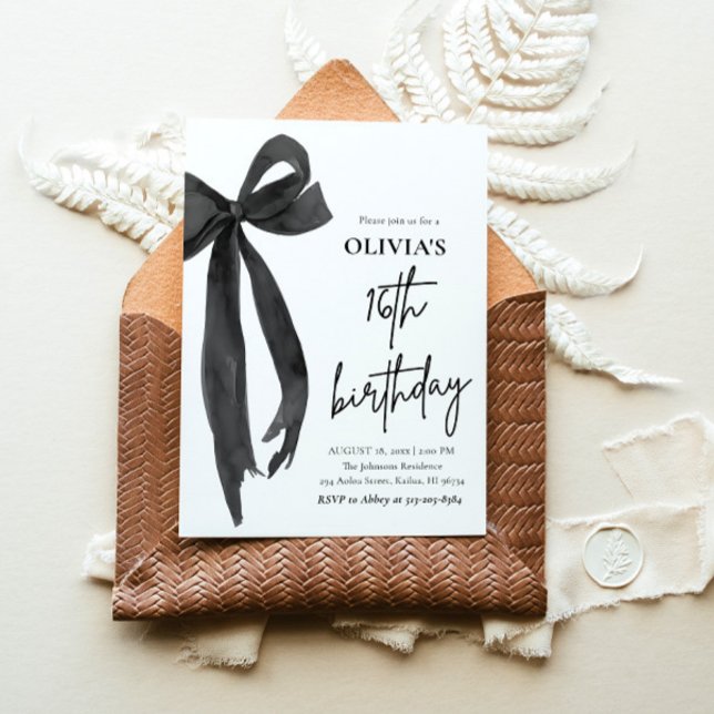 Convite Elegante Watercolor Black Arco 16ª Festa de aniver (Watercolor Modern Elegant Coquette Black Bow Photo 16th Birthday Party Invitation)