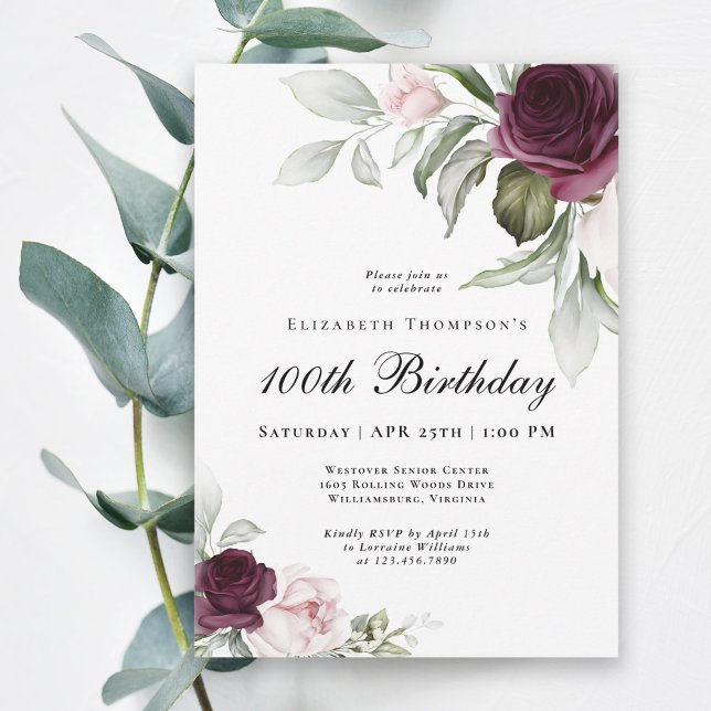 Convite Elegante Watercolor Botânica 100º Aniversário (Celebrate a 100th birthday in feminine style with this elegant invitation.)
