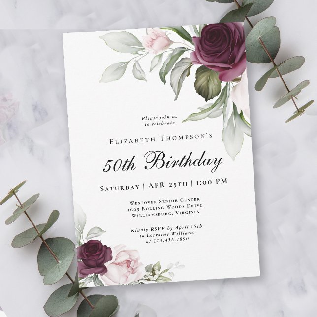 Convite Elegante Watercolor Botânica 50º Aniversário (An elegant invitation for celebrating an important milestone birthday!)
