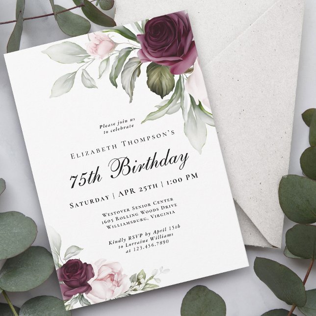Convite Elegante Watercolor Botânica 75.º Aniversário (Stylish and feminine, this invitation is available as printed or digital download!)
