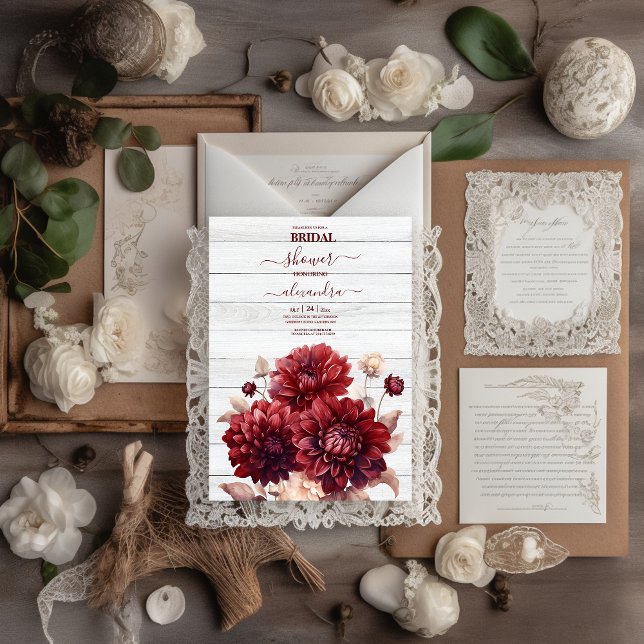 Convite Elegante Watercolor Burgundy Dahlia Bridal (Criador carregado)
