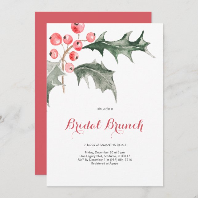 Convite Elegante Watercolor Christmas Holly Bridal Brunch (Frente/Verso)