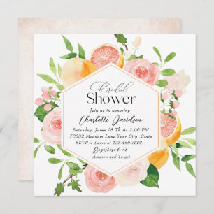Convite Elegante Watercolor Citrus Pink Flowers Bridal Sho