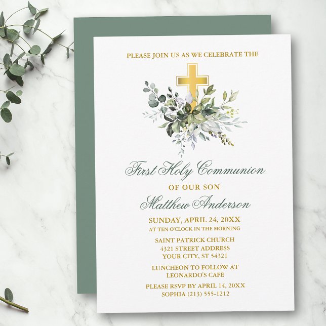 Convite Elegante Watercolor Communion Greenery Green (Customize to change text color, size, style or to change color of back of card.)
