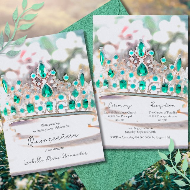 Convite Elegante Watercolor Emerald Tiara Quinceañera (Criador carregado)