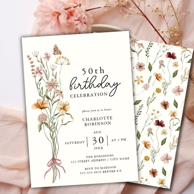 Convite Elegante Watercolor Floral 50º Aniversário (Elegant 50th Floral Birthday Invitation- Front and Back)
