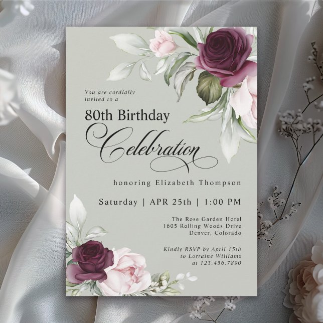 Convite Elegante Watercolor Floral Sage 80 Birthday (Available in both printed and instant download paperless formats.)