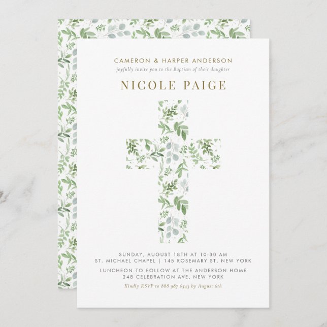 Convite Elegante Watercolor Greenery Cross Baptism (Frente/Verso)