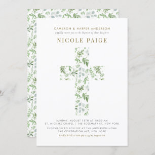 Convite Elegante Watercolor Greenery Cross Baptism