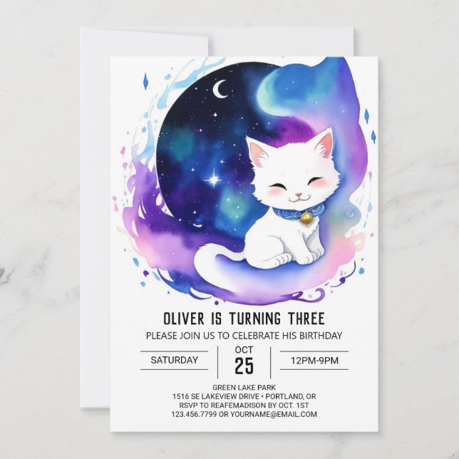 Convite Elegante Watercolor Kitten Birthday (Frente)