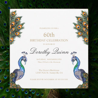 Convite Elegante Watercolor Peacock Birthday