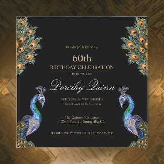 Convite Elegante Watercolor Peacock Birthday