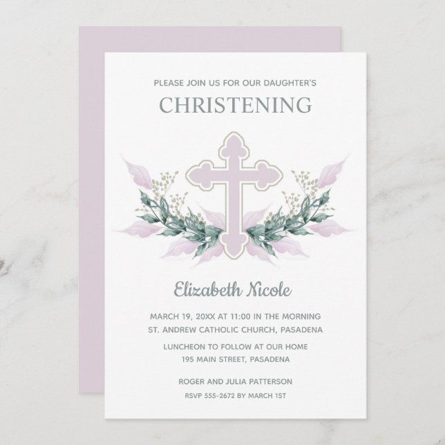 Convite Elegante Watercolor Pink Christening (Frente/Verso)