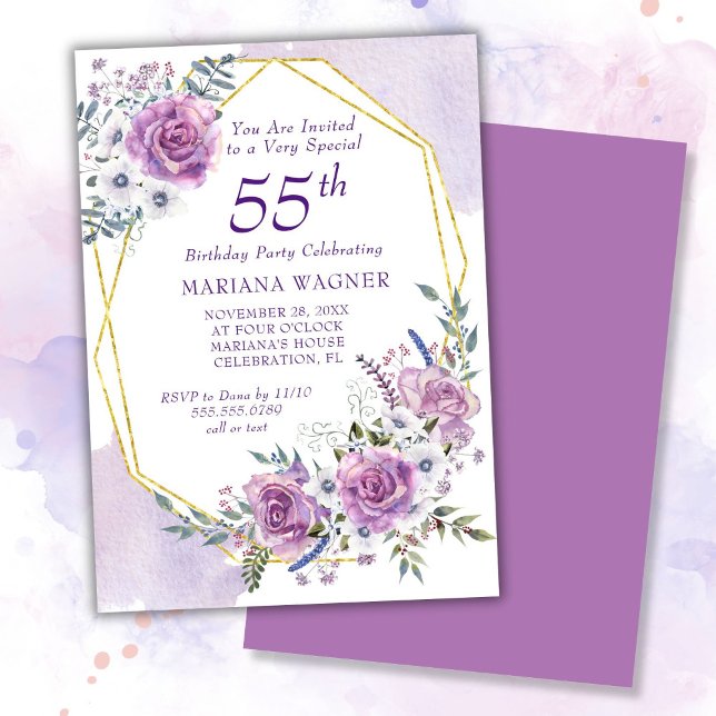 Convite Elegante Watercolor Purple Floral 55.o Aniversário (Criador carregado)