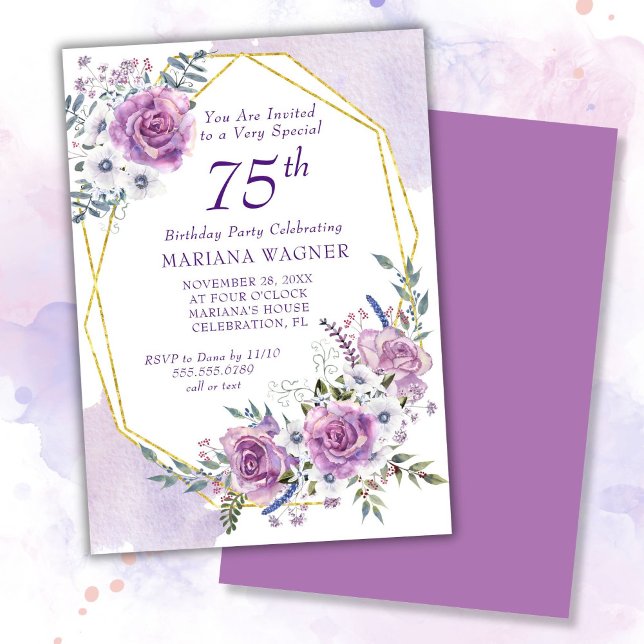 Convite Elegante Watercolor Purple Floral 75.º Aniversário (Criador carregado)