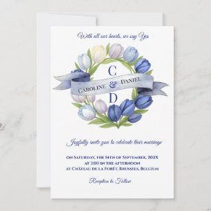Convite Elegante Watercolor Tulip Wreath Casamento Blue Iv