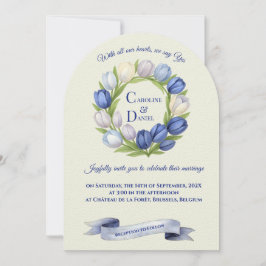 Convite Elegante Watercolor Tulip Wreath Casamento Blue Iv