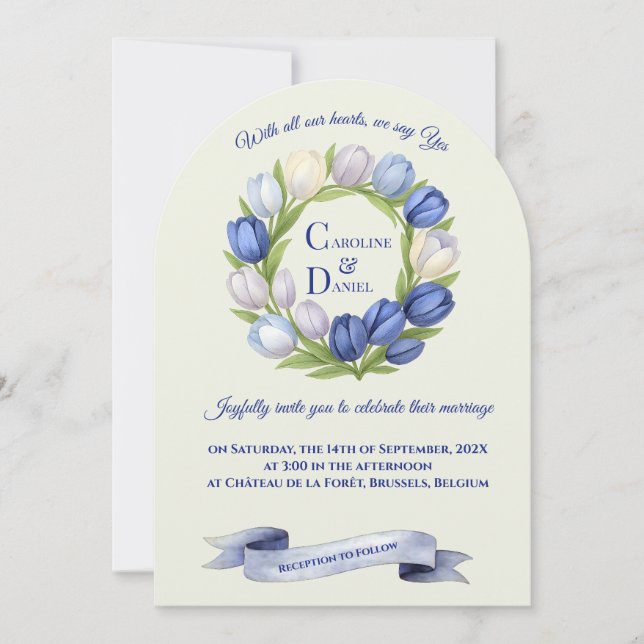 Convite Elegante Watercolor Tulip Wreath Casamento Blue Iv (Frente)