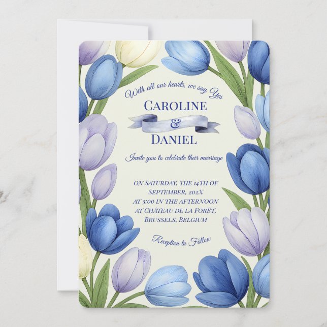 Convite Elegante Watercolor Tulip Wreath Casamento Blue Iv (Frente)