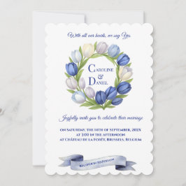 Convite Elegante Watercolor Tulip Wreath Casamento Blue Iv