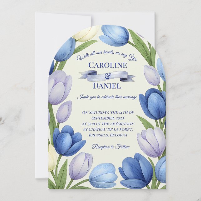 Convite Elegante Watercolor Tulip Wreath Casamento Blue Iv (Frente)