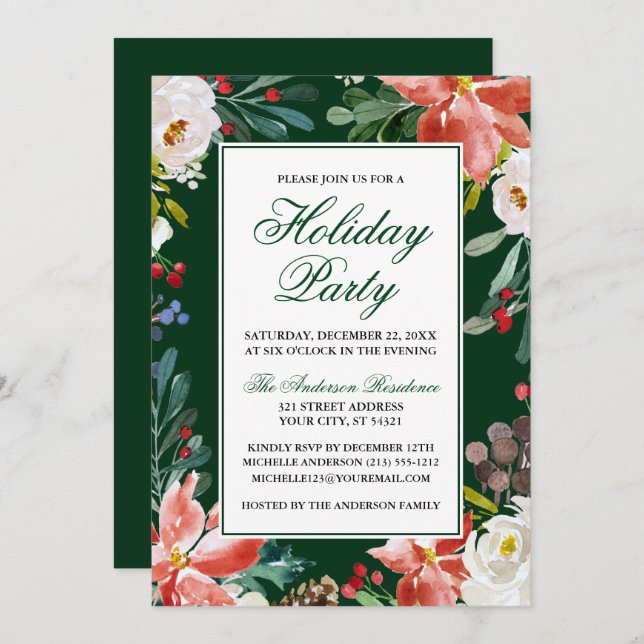 Convite Elegante Watercolor Winter Floral Holiday Party (Frente/Verso)