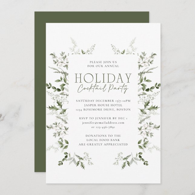 Convite Elegante Watercolor Winter Greenery Party Holiday (Frente/Verso)
