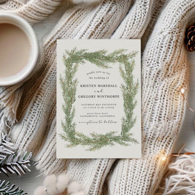 Convite Elegante Watercolor Winter Greenery Wedding (Criador carregado)