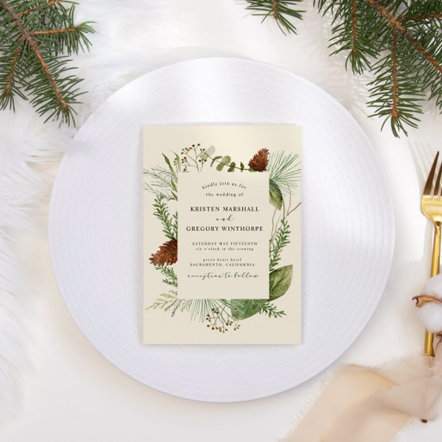 Convite Elegante Watercolor Winter Greenery Wedding (Criador carregado)