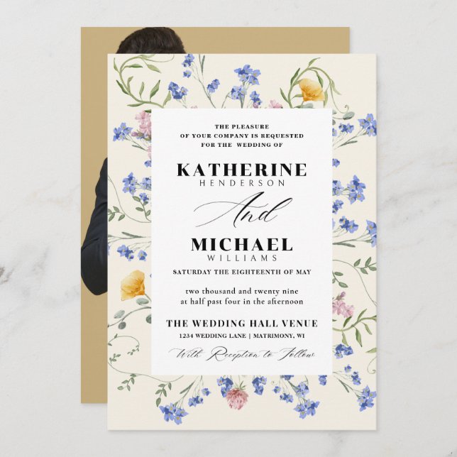 Convite Elegante Watercolor Wldflower Meadow Details RSVP (Frente/Verso)