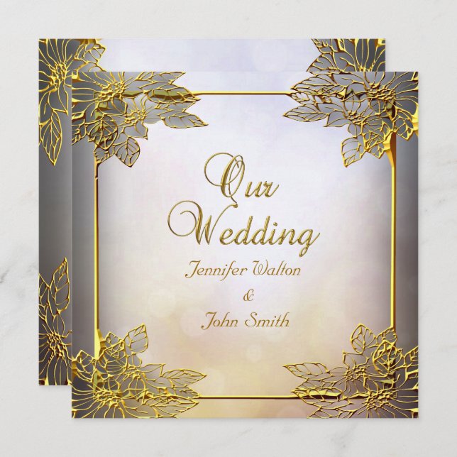 Convite Elegante Wedding Beige Dourado (Frente/Verso)