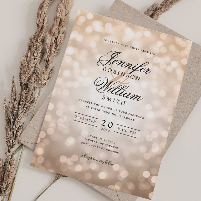 Convite Elegante Wedding Bokeh Luz Rosa romântica Dourada (Elegant Wedding Bokeh Lights Romantic Rose Gold Invitation)
