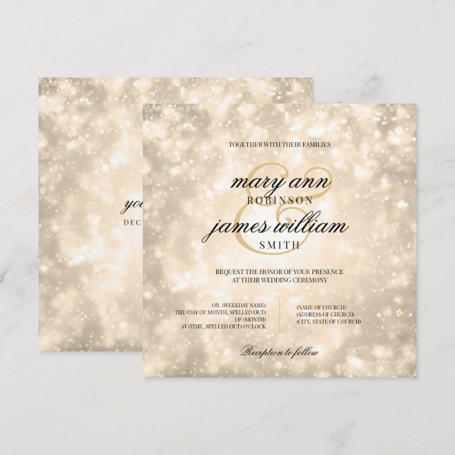 Convite Elegante Wedding Dourado Champagne Bokeh (Frente/Verso)