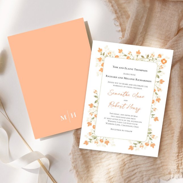 Convite Elegante Wedding Peach Floral Greenery (Elegant peach floral wedding invitation with monogram on the backside. )