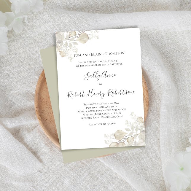 Convite Elegante Wedding Sage Greenery Script (Simple and elegant sage green and cream foliage wedding invitation.)