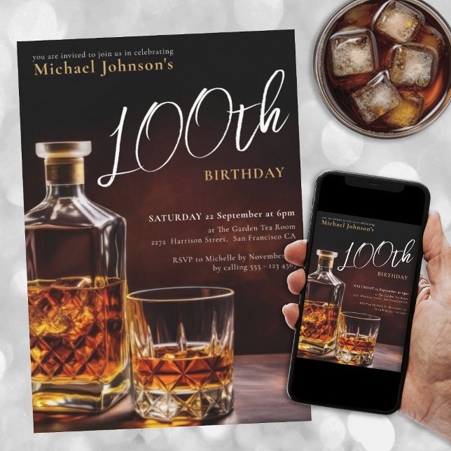 Convite Elegante Whiskey 100th Festa de aniversário (Elegant 100th Birthday Whiskey Themed Classy Party Invitation)