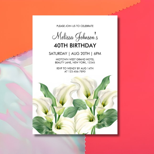 Convite Elegante White Calla Lily Floral Birthday (Criador carregado)