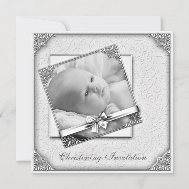 Convite Elegante White Damask Photo Christening (Frente)