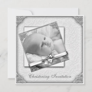 Convite Elegante White Damask Photo Christening
