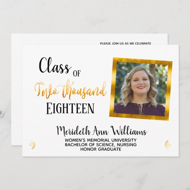 Convite Elegante White Dourado 2 Fotografia Trendy Festa d (Frente/Verso)