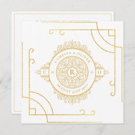 Convite Elegante White Dourado Ornamentado Quadrado WEDDIN