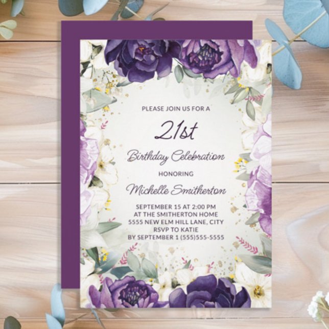 Convite Elegante White Floral aniversário de 21 anos (Purple floral women's 21st birthday party invitation)
