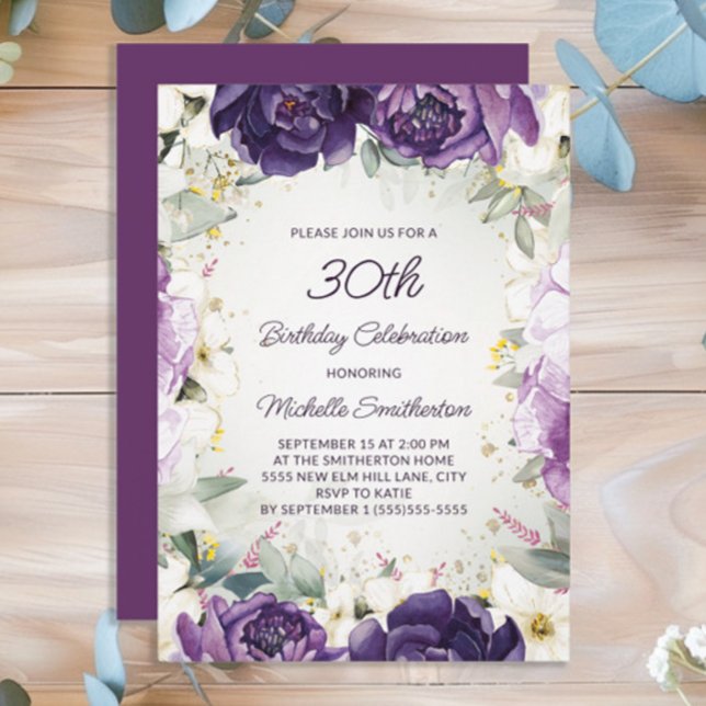 Convite Elegante White Floral aniversário de 30 anos (Purple floral women's 30th birthday party invitation)