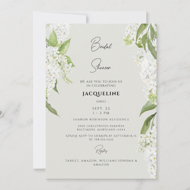 Convite Elegante White Hydrangea Beige Chá de panela II (Frente)