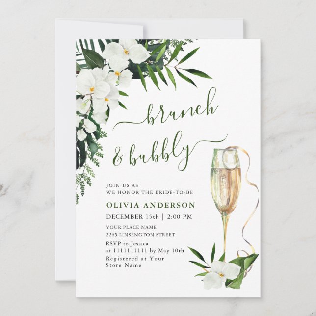 Convite Elegante White Orchids Bohemian BRUNCH & BUBBLY (Frente)